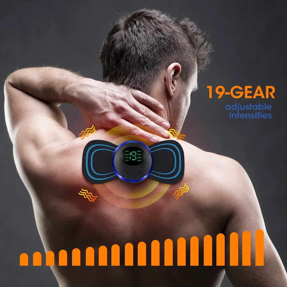 Vielseitige Anwendung des EMS-Stimulators an Rücken, Schultern, Waden und Knien für ganzheitliche Schmerzlinderung