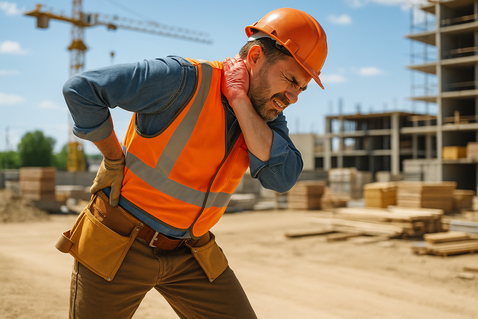 ein man krümmt sich mit rücken und Nacken Schmerzen am hellen tag  bei der Arbeit im Baugewerbe