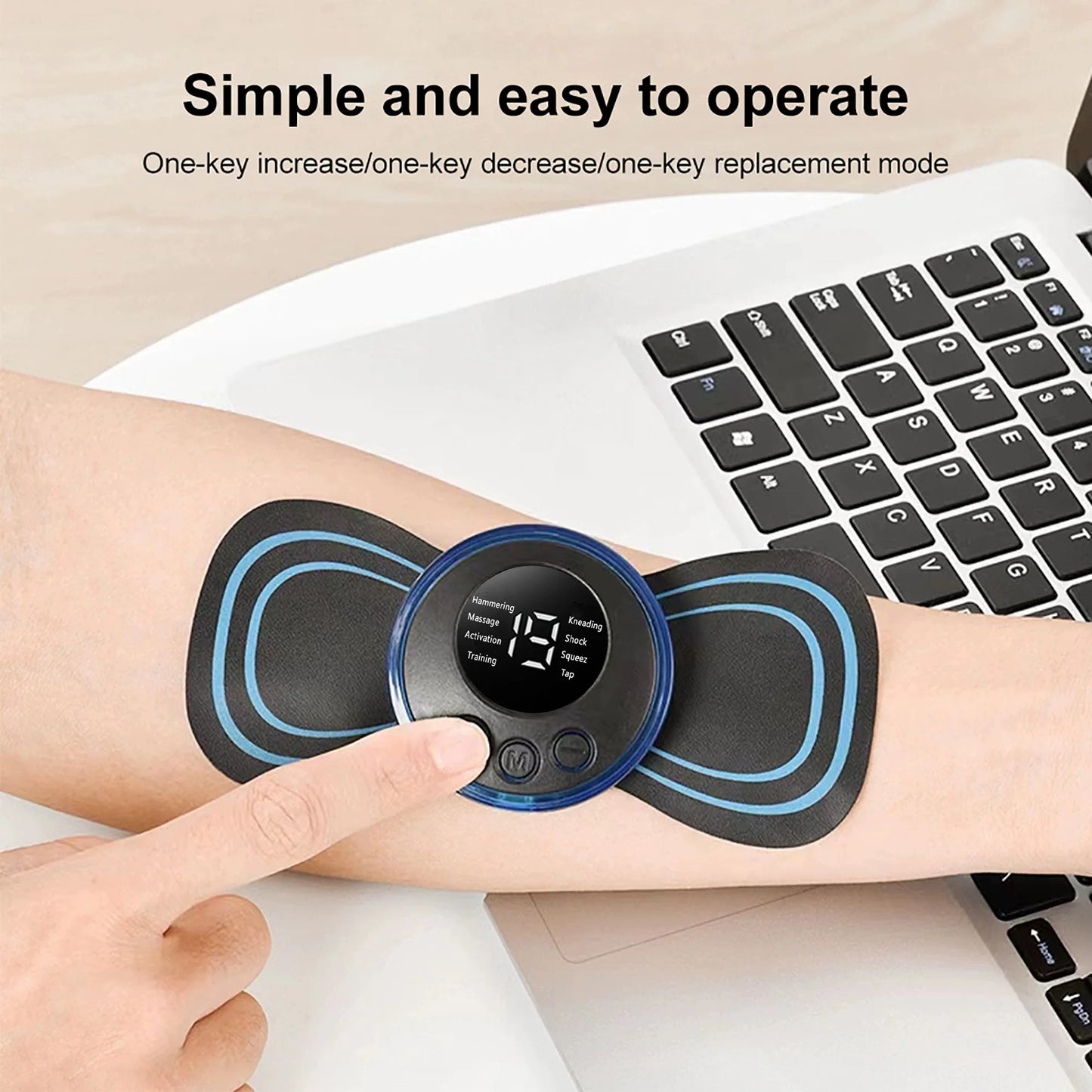 Detailansicht EMS Massage Patch mit Elektroden, 15 Intensitätsstufen, LED-Display, Fernbedienung, hautfreundlich