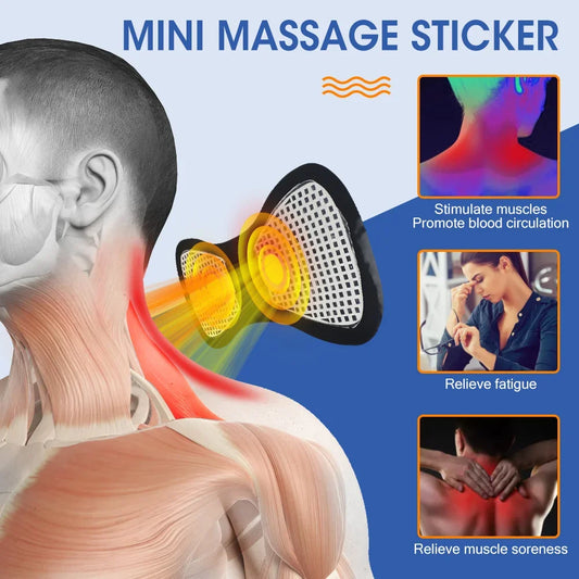 Anwendung EMS-Massagegerät am Nacken mit selbstklebenden Pads, elektrische Muskelstimulation gegen Nackenverspannungen