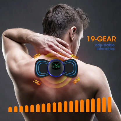 Vielseitige Anwendung des EMS-Stimulators an Rücken, Schultern, Waden und Knien für ganzheitliche Schmerzlinderung