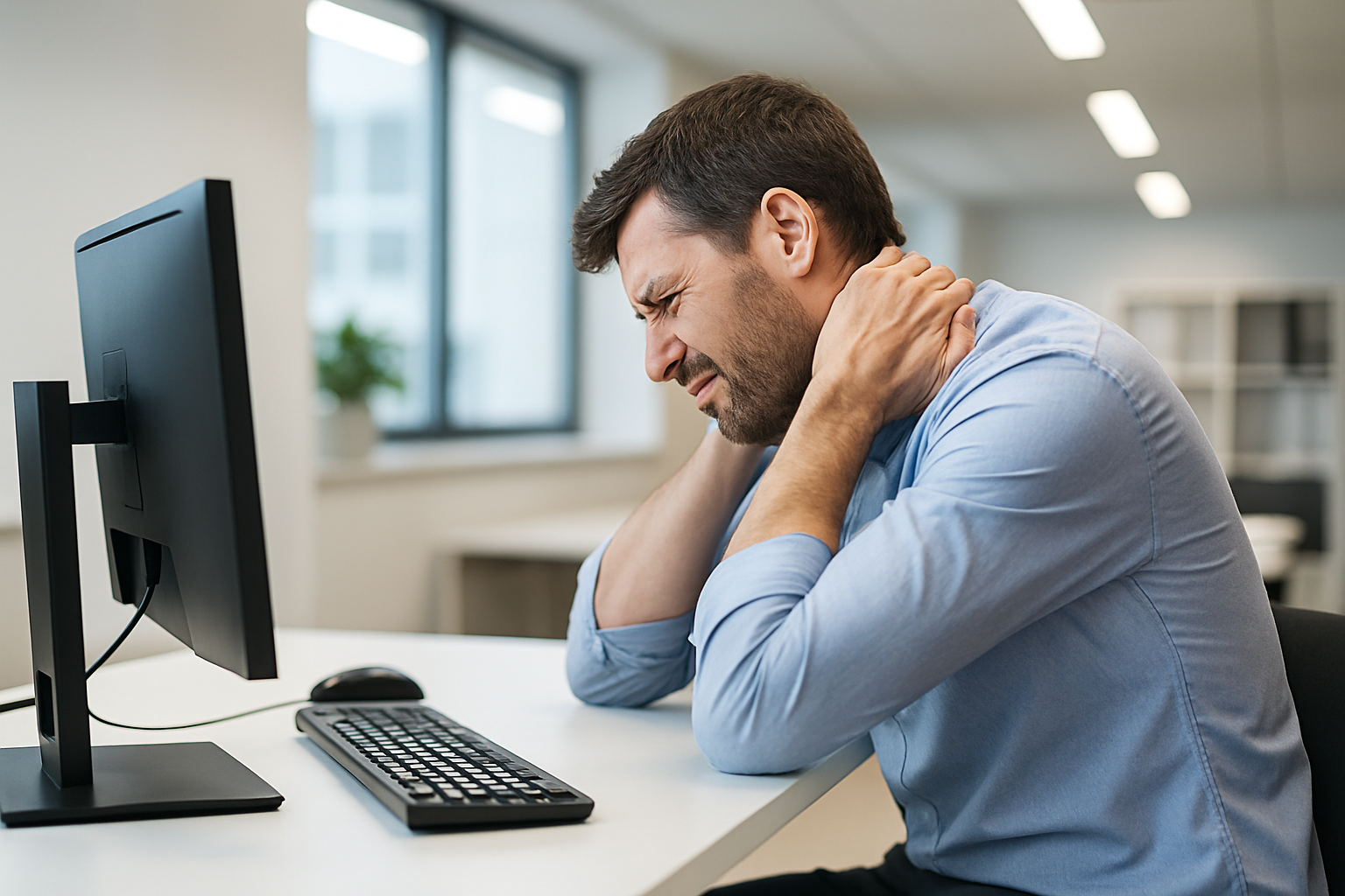 ein man sitzt gekrümmt mit rücken und Nacken Schmerzen am hellen Schreibtisch Beleuchtung  bei der Arbeit im Büro