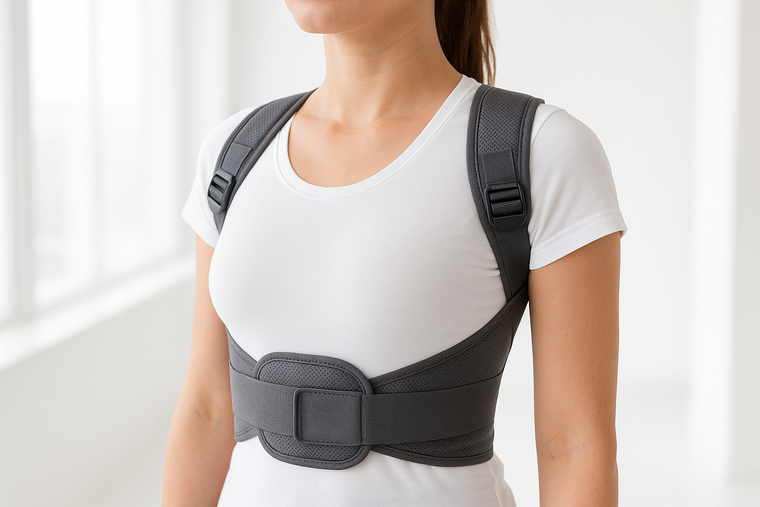 ein weibliches Torso hat Haltung Korrektur posture corretion toll 2.0 an, weißes Hintergrund und  hell beleuchteter raum.