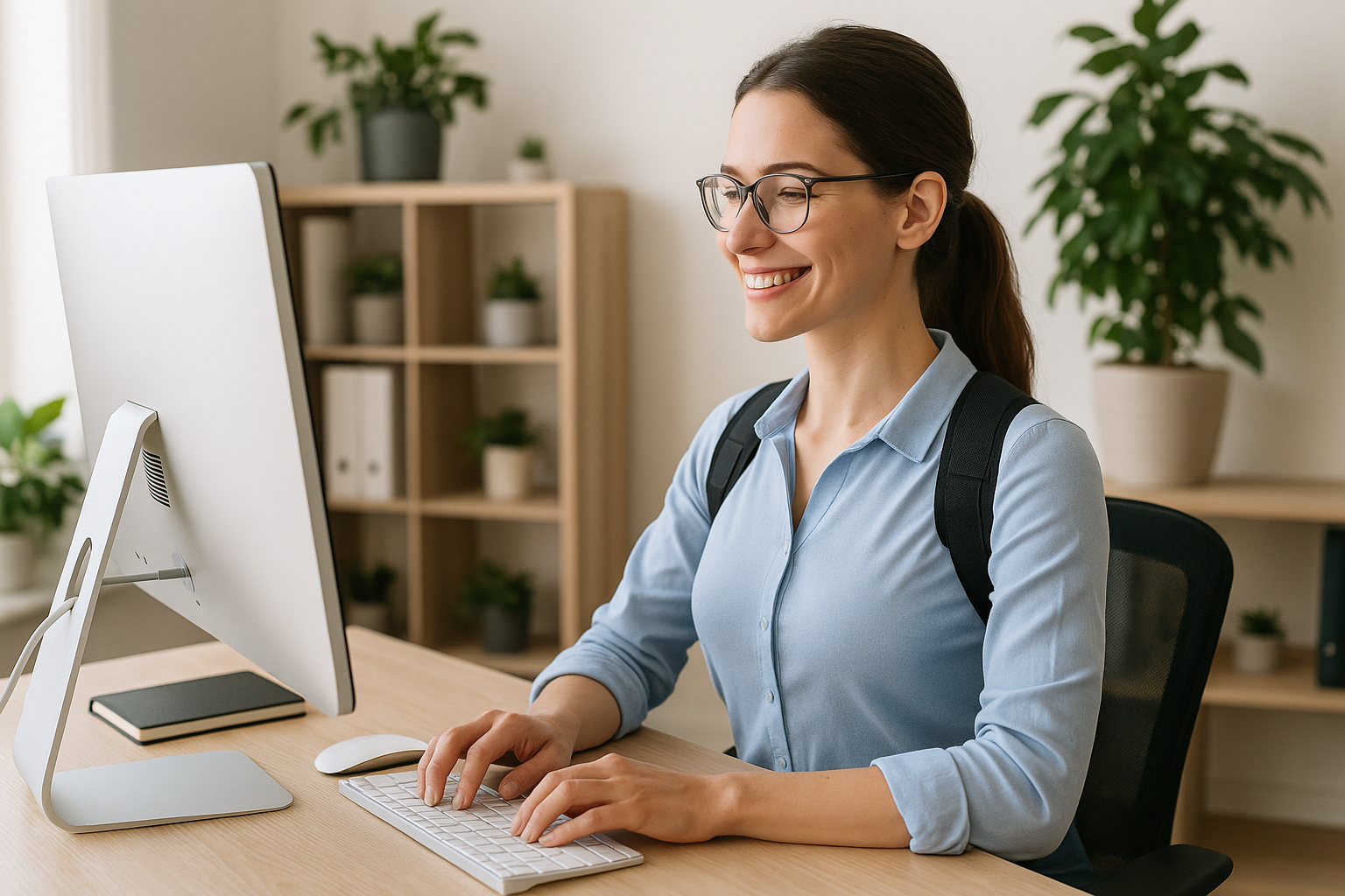 eine frau im Homeoffice die ein Hartungs Korrektor posture corretion toll trägt und zufrieden wirkt