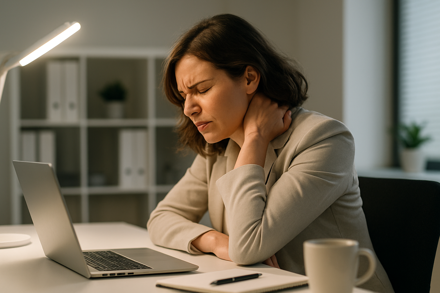 eine frau sitzt gekrümmt mit rücken und Nacken Schmerzen am hellen Schreibtisch Beleuchtung